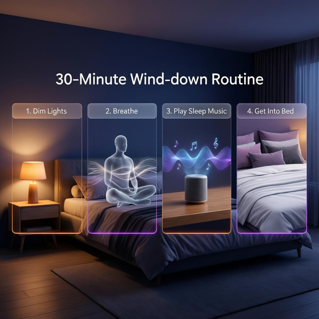 30-minute wind-down routine infographic showing dim lights, breathing exercise, relaxing sleep music, and getting into bed in a calming bedroom environment