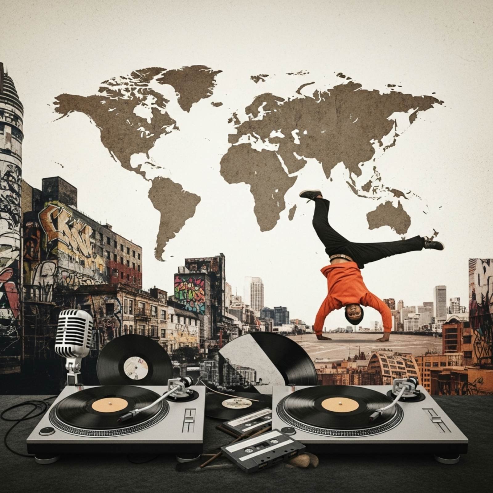 Global hip-hop culture represented through DJing, MCing, breakdance, graffiti, and worldwide urban scenes illustrating the evolution of world hip-hop music.