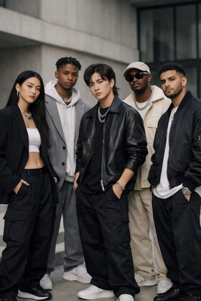 Pop artists wearing luxury streetwear inspired by hip-hop fashion, blending high fashion and street style in a modern urban setting