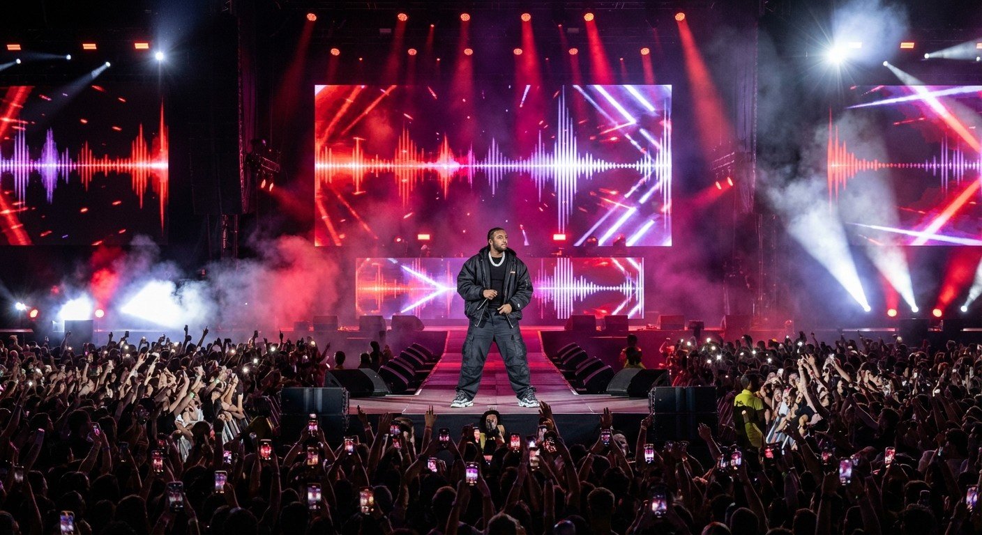Massive global pop concert with a pop artist performing using hip-hop aesthetics, surrounded by stage lighting, 808-style visuals, and a large engaged crowd