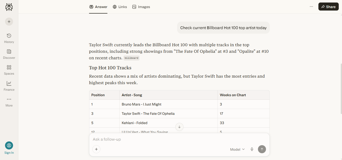 Screenshot of Perplexity AI search interface displaying AI generated answers with cited web sources for accurate research ai tool in 2026