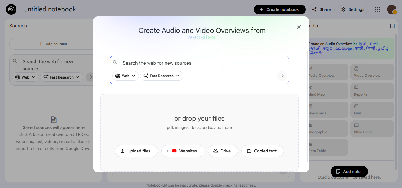 Screenshot of NotebookLM AI research tool showing document upload interface for summarizing PDFs, notes and research files