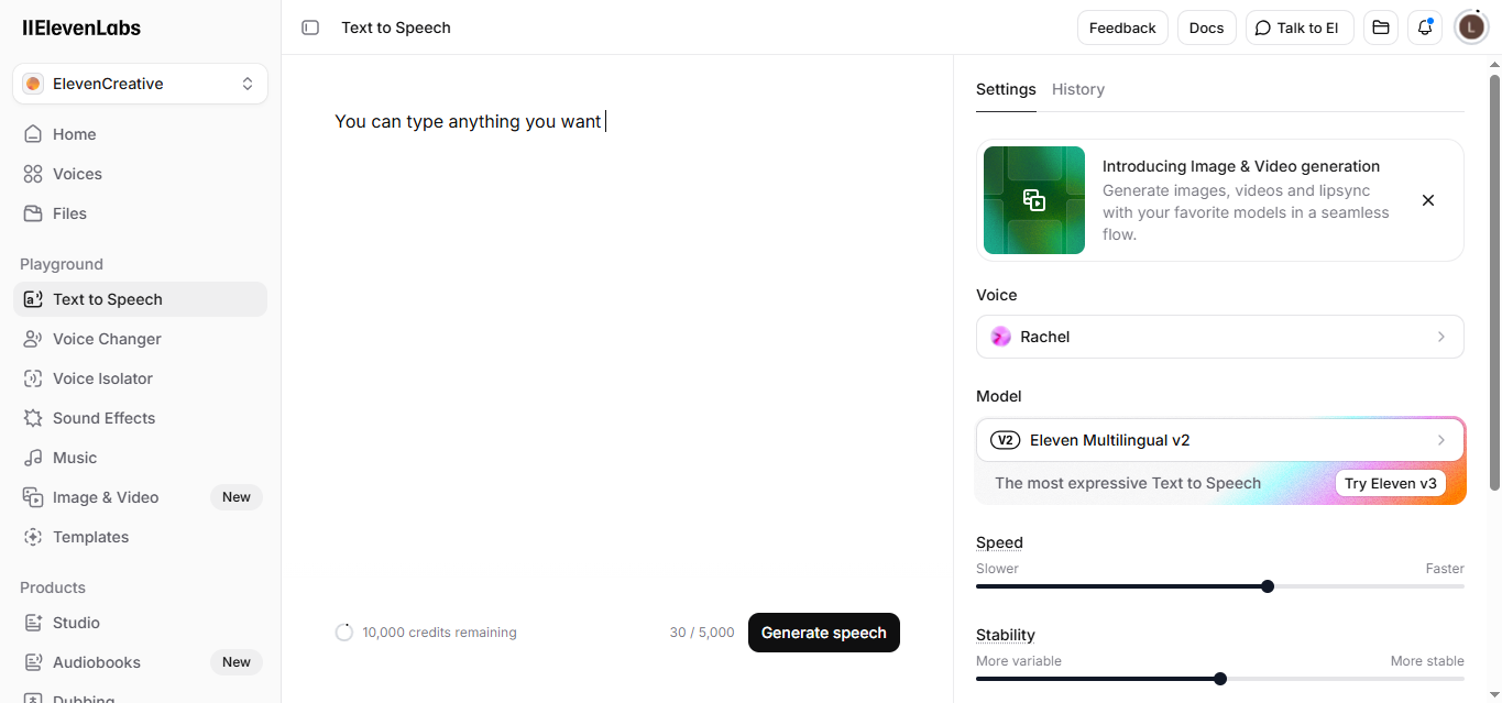 ElevenLabs text to speech AI dashboard screenshot showing voice generation tool used for podcasts, narration and audio content