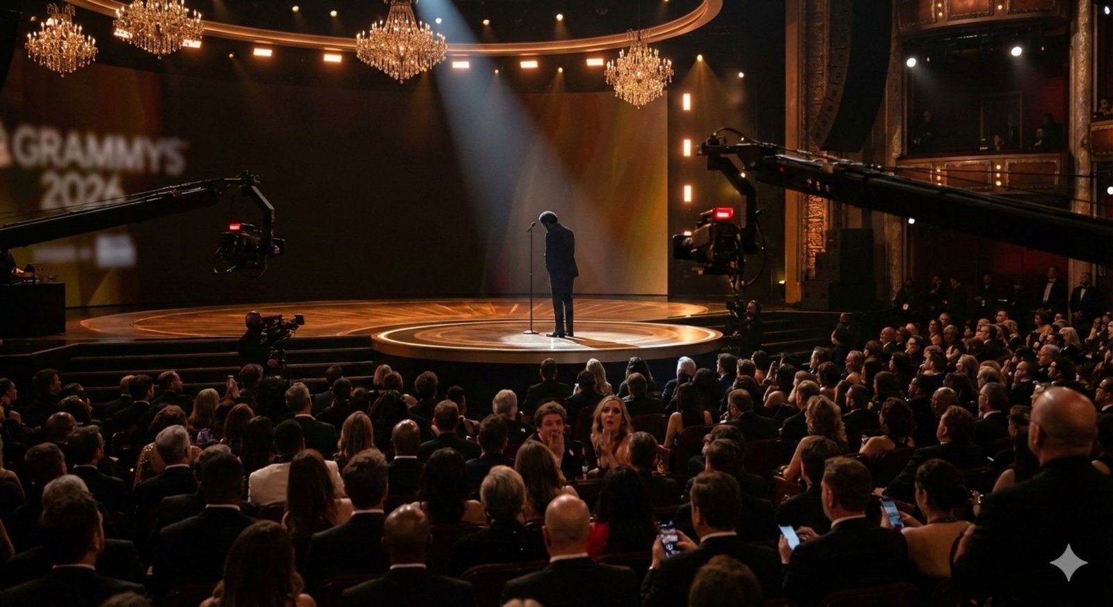 A wide shot of an awards show stage with a performer at a microphone as cameras and a silent audience look on