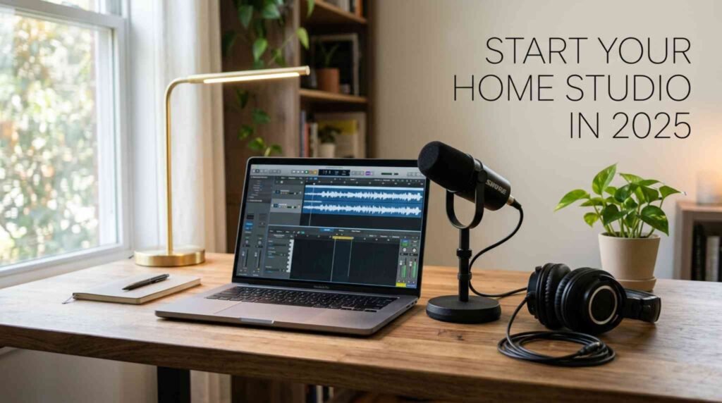 Modern home studio setup with USB microphone, laptop editing software, and headphones for beginners in 2025